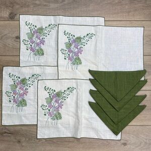 Crossstitched Linen Table Settings Placemats‎ Napkins Cottagecore Forest Floral